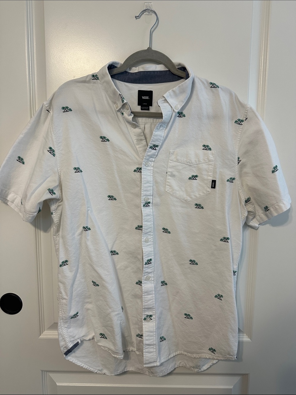 Vans White Short-Sleeve Button-Down Shirt with Green Micro Prints